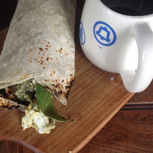Thai chicken breakfast burrito, with a spot of tea.