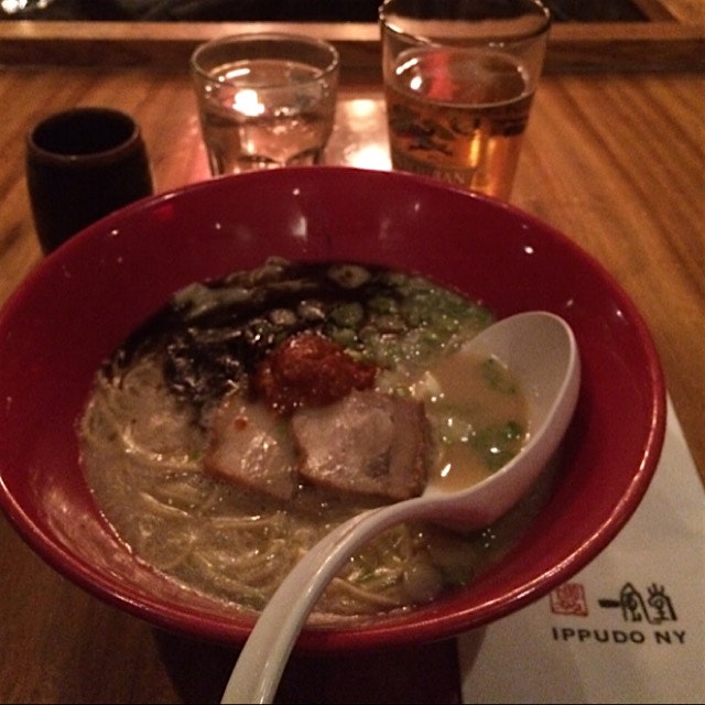 Akamaru Modern Ramen. Note: beverage trifectas aren't only for brunch -- Kirin, water and green t...