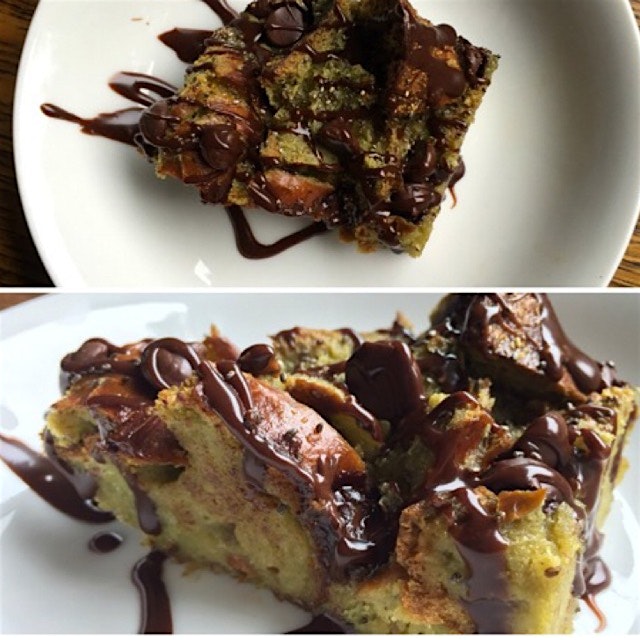 A dessert so nice, just one photo wouldn't suffice... Matcha bread pudding with a Nutella drizzle...