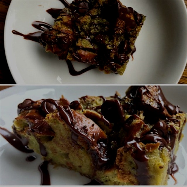 A dessert so nice, just one photo wouldn't suffice... Matcha bread pudding with a Nutella drizzle...