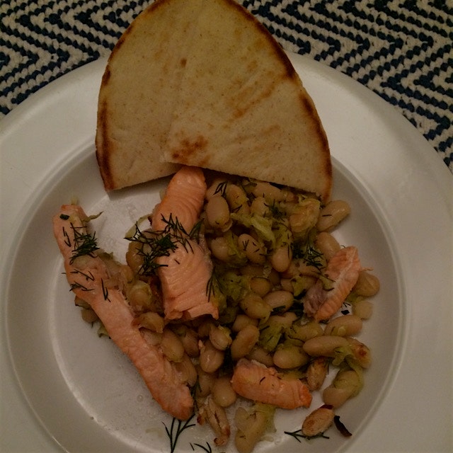 Loving this salmon with white beans and zucchini gratin. 