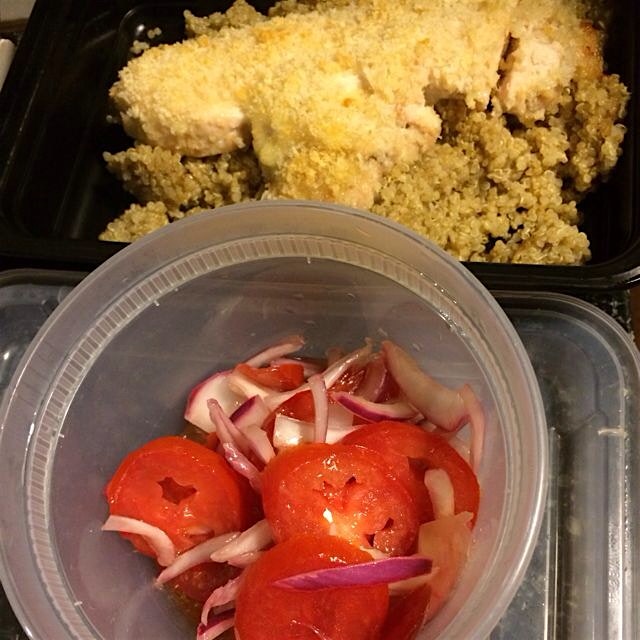 Packing lunch for tomorrow- Pablo crusted chicken with quinoa and tomato salad. Eating healthy an...