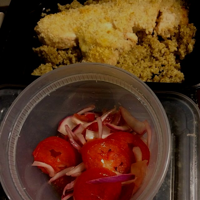 Packing lunch for tomorrow- Pablo crusted chicken with quinoa and tomato salad. Eating healthy an...