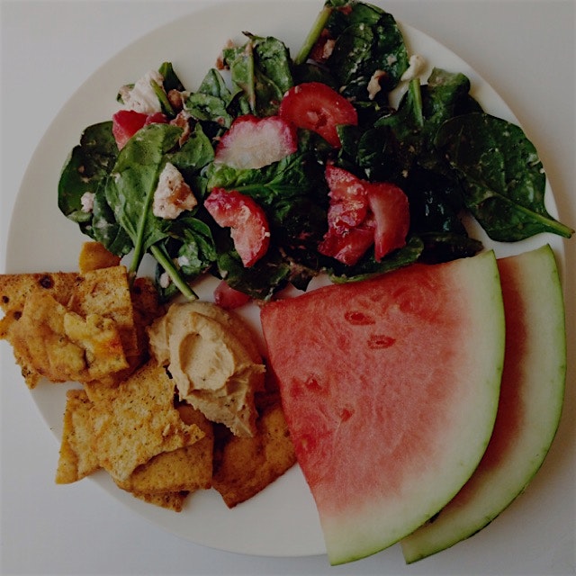 Had brunch this morning, so linner this afternoon was leftover spinach/strawberry/goat cheese/wal...