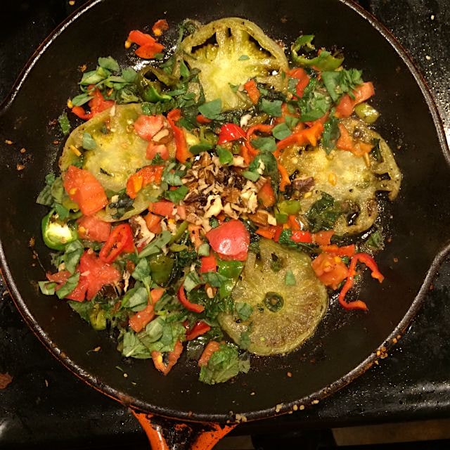 Random garden mix I grew: green and red tomatoes, green and red peppers, purslane, holy basil/tul...