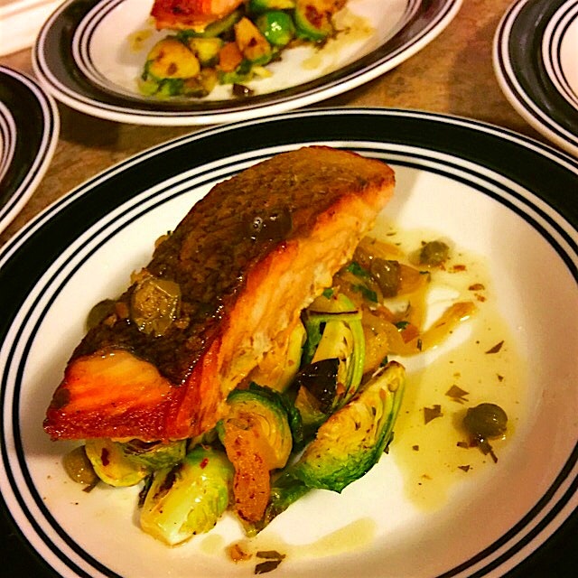 Salmon Meunière over Sautéed Brussels Sprouts and Potatoes Lyonnaise 