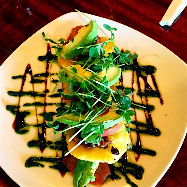 "BLT" arepas with bacon jam, avocado, tomato and spring pesto!! Yum