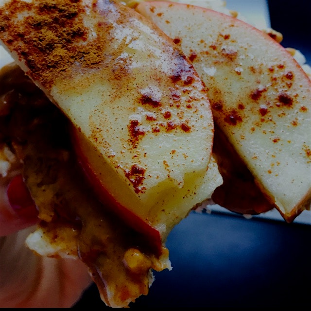 Layering is all the rage - rice cake, all-natural peanut butter, apple, honey, cinnamon