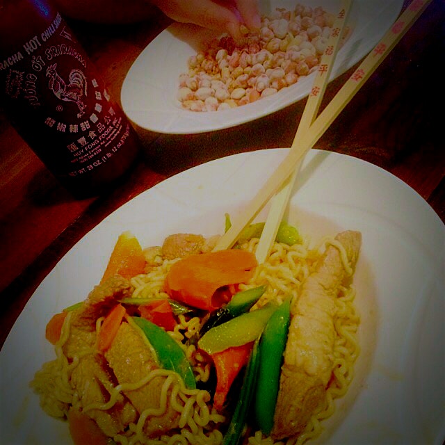 Asian-inspired stir fry with ponzu, garlic, and ginger marinated pork, spring Union Square Green ...