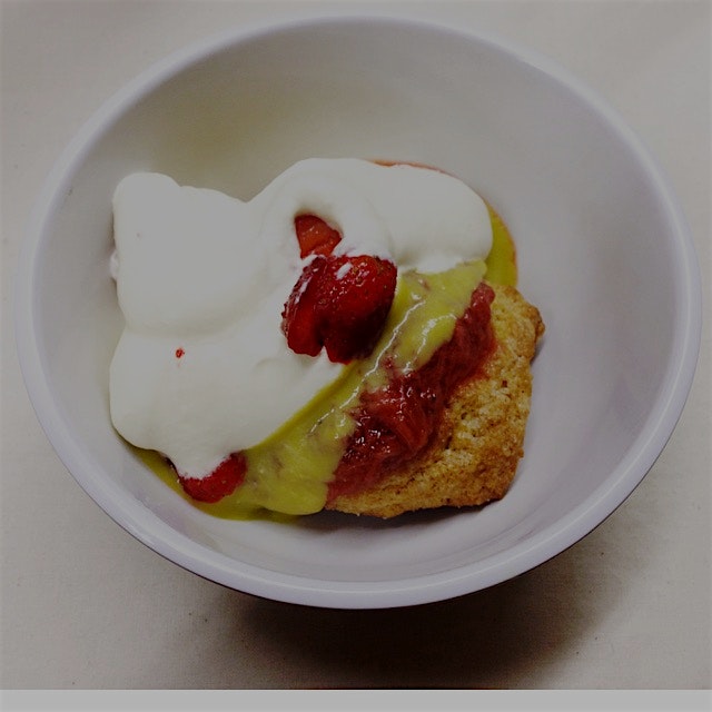 Homemade strawberry shortcake with lemon curd and tangy rhubarb compote by Chef Shanna