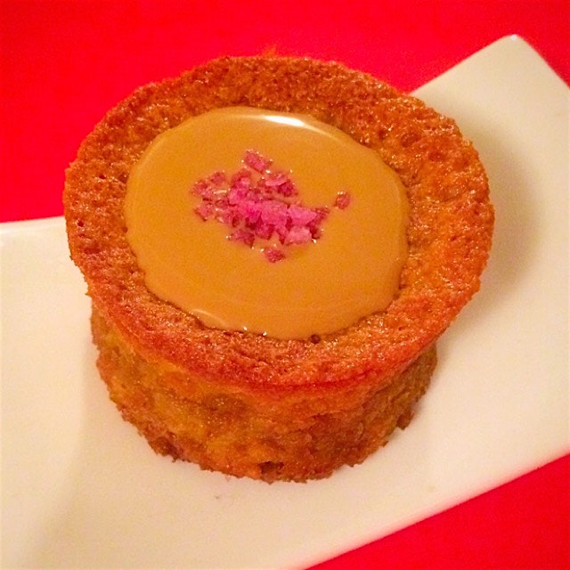 Flourless blond chocolate + almond torte with blond ganache and Pinot noir sea salt 