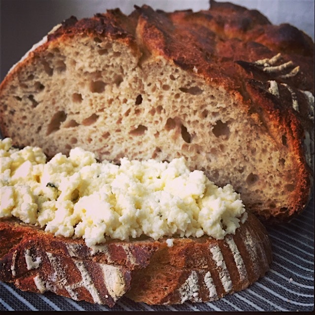 Whole wheat sourdough boule with raw milk ricotta accented with thyme and olive oil.  Hudson Vall...