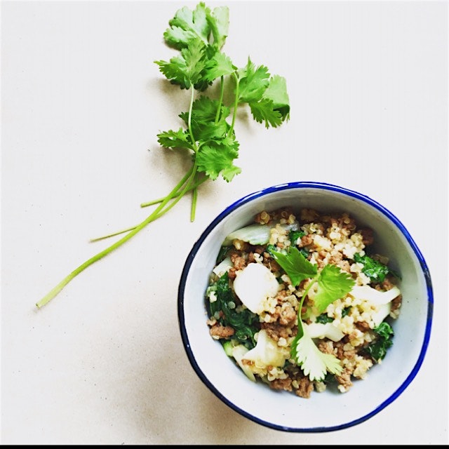 Fried quinoa 'rice' with minced beef, coriander and Pak Choi