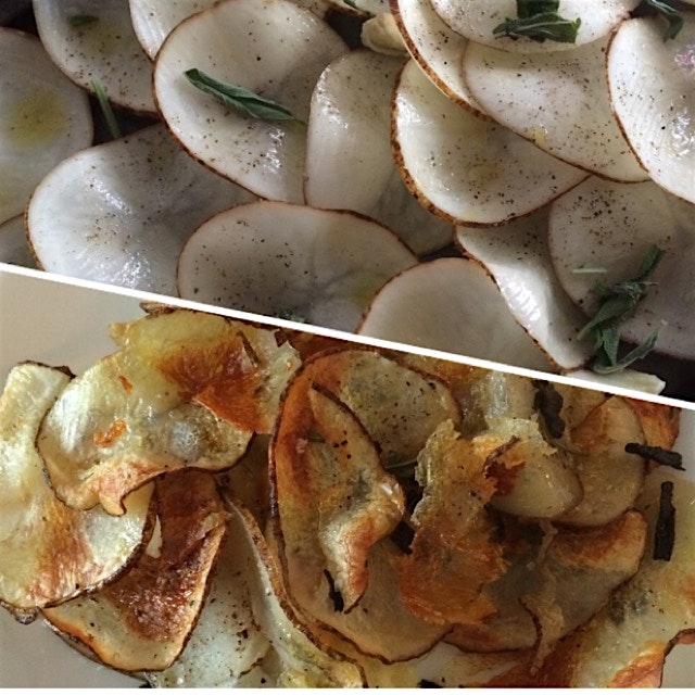 A russet potato, before and after