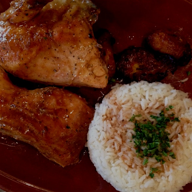 Dinner: tender marinated chicken, white rice with black beans, plantains.