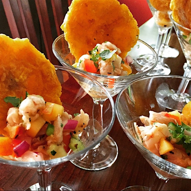 The perfect summer treat: Grilled Peach & Tiger Shrimp Ceviche w/ Tostones (Fried Plantain)