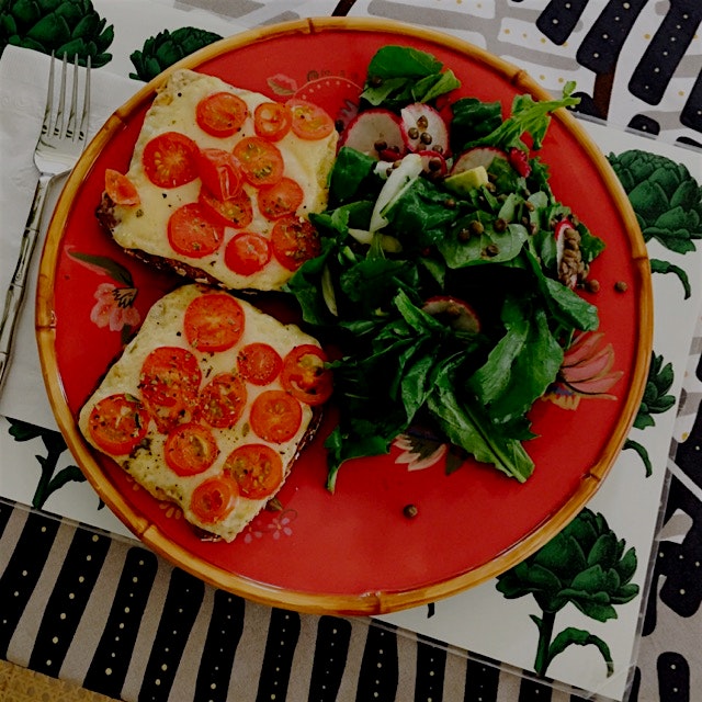 Post-yoga cheddar + tomato toastie and arugula, radish, avocado, fennel, cranberry salad  #laterl...