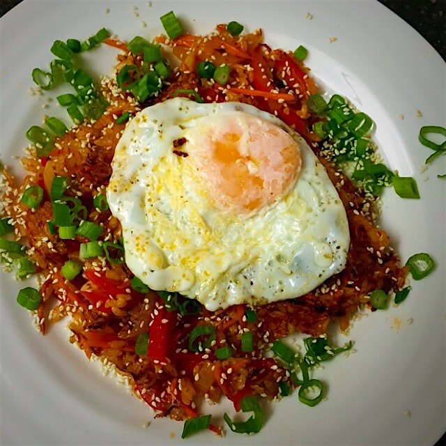 Kimchi Bokkeumbap(fried rice) Korean comfort food!!! A good use of leftover rice and veggies in y...