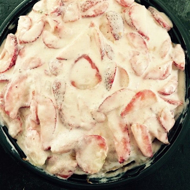 Store bought angel food cake, strawberries, sugar, Creme fraiche, triple sec, eat it tomorrow,