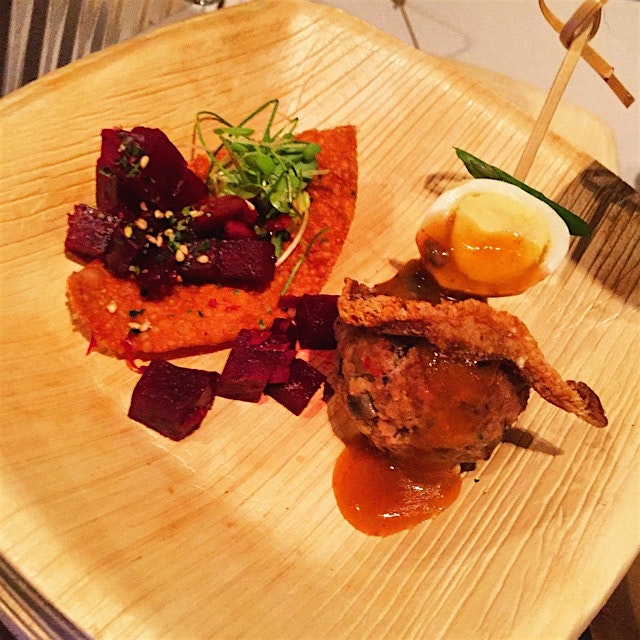 #ThePerfectBite: Loco Moco Shroom & Beef Meatball w/ Sriracha Ragout, Quail Egg, & Truffled Fried...