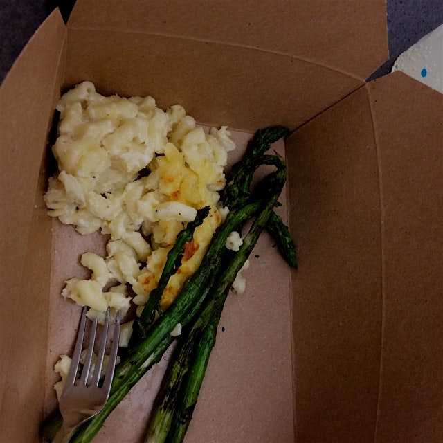 Mac & cheese + grilled asparagus from City Bakery. 