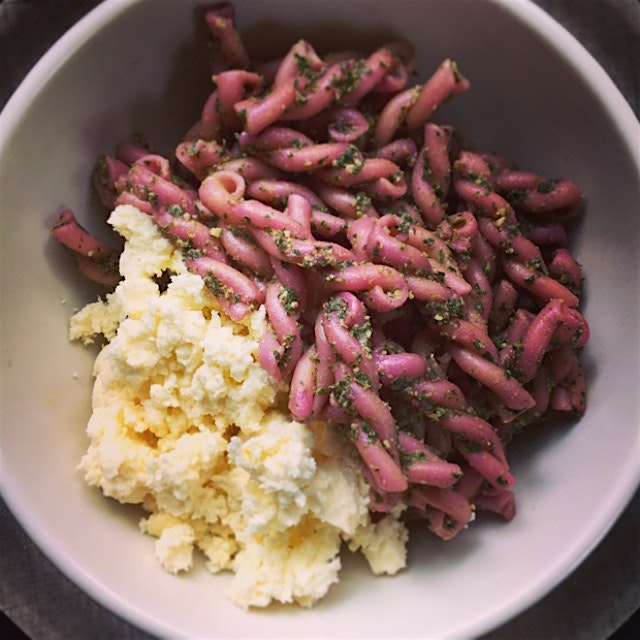 Bulls blood beet greens and kale pesto with raw milk ricotta cheese