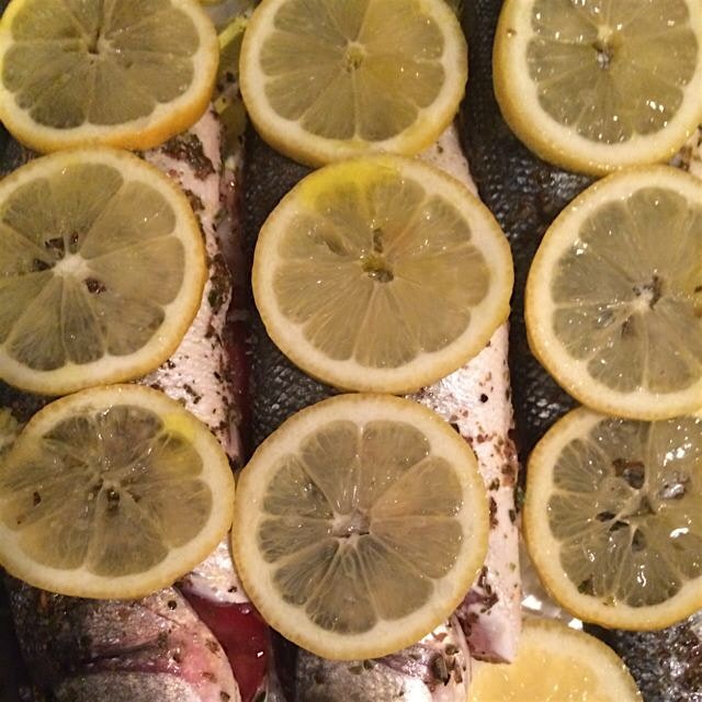 Bronzino Brock-style, stuffed with local tomatoes 