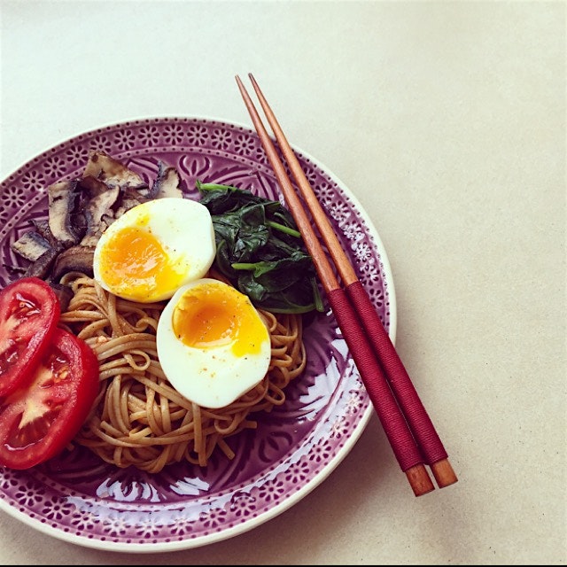 Cold brown rice and wakame noodles dressed in Gochujang and Tamari, topped with sesame spinach, s...
