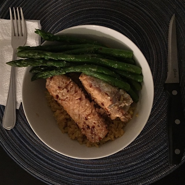 Last minute sunday night meal: spicy sesame-crusted salmon with asparagus over turneric brown ric...