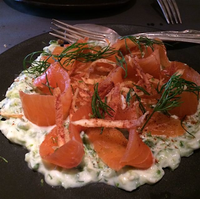 Cured salmon with cucumber yogurt relish. Out of CSA supplies so headed to abc concina for lunch ...