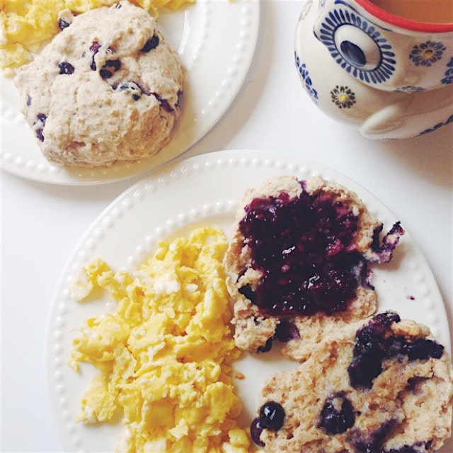 Blueberry scones and scrambled eggs for breakfast! 