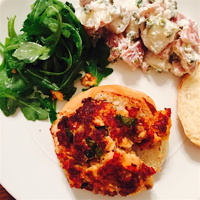 Wasn't the prettiest but it tasted great! Homemade salmon burger with lemon and mint, potato sala...