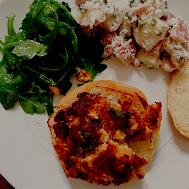 Wasn't the prettiest but it tasted great! Homemade salmon burger with lemon and mint, potato sala...