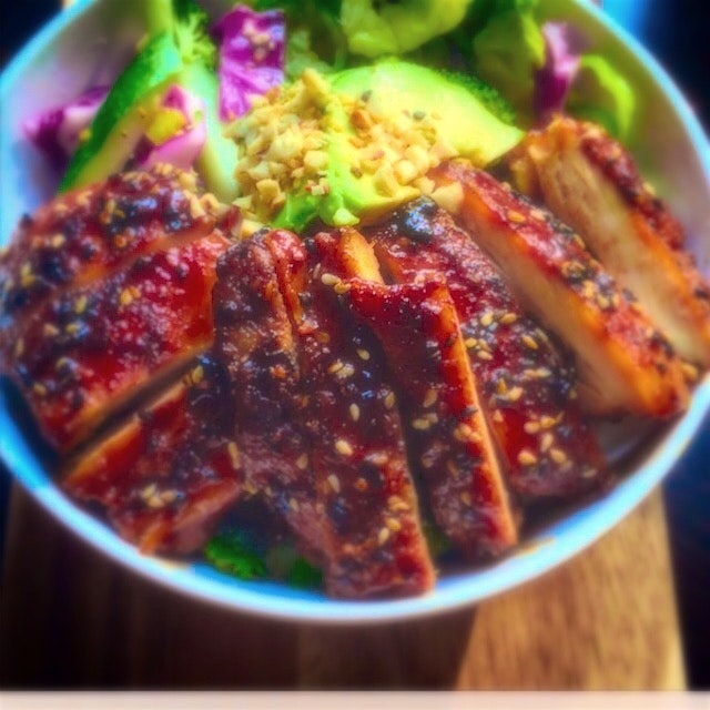 Toasted cashew, avocado and teriyaki chicken salad with cucumber broccoli, Boston lettuce, Hot pe...