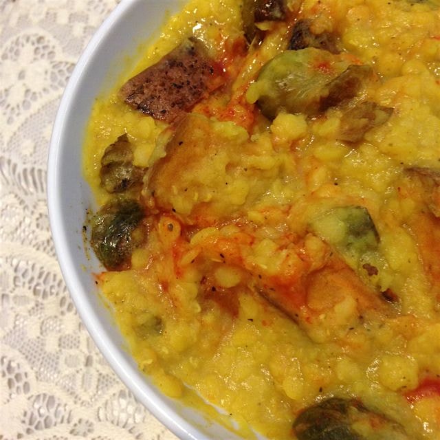 lunch: spiced lentils with peppered baked brussels sprouts and yams