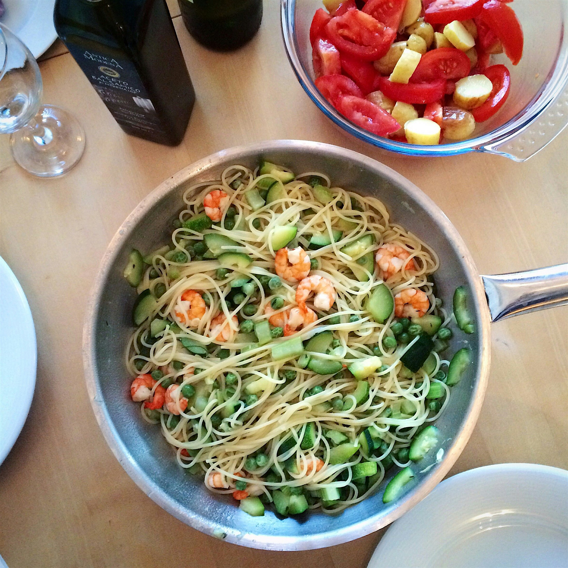 Yummy spaghettini with zucchini, green peas, celery and prawns for dinner! 