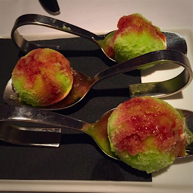 Palette cleanser! Sweet pea sorbet with a raspberry reduction. 