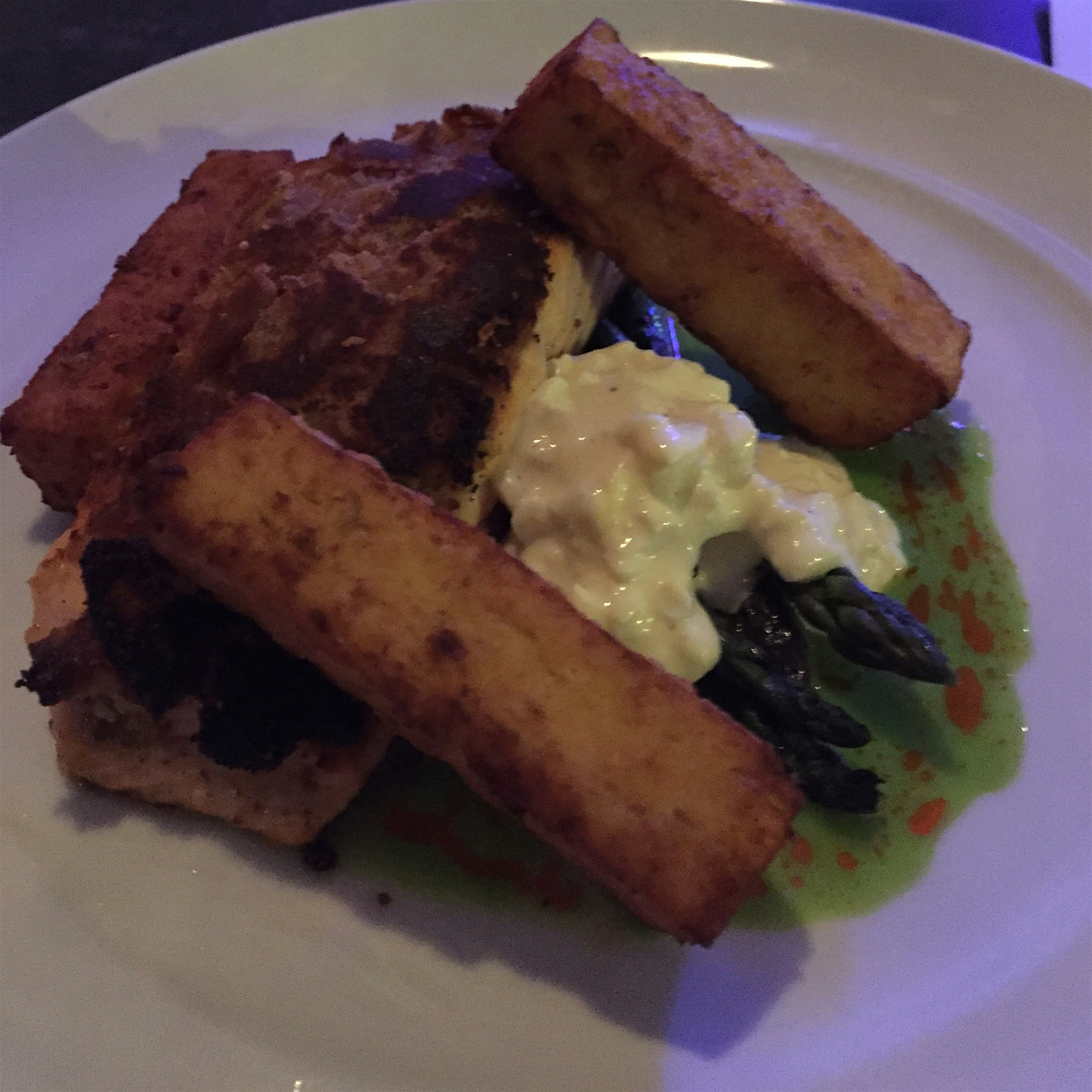 Radish crusted copper river salmon with spring garlic and chickpea fritters