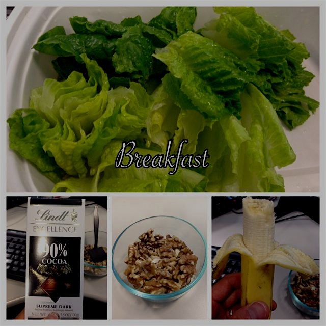 Organic Lettuce, Raw mixed nuts, banana (all from Trader Joes). A breakfast feast, right at my de...