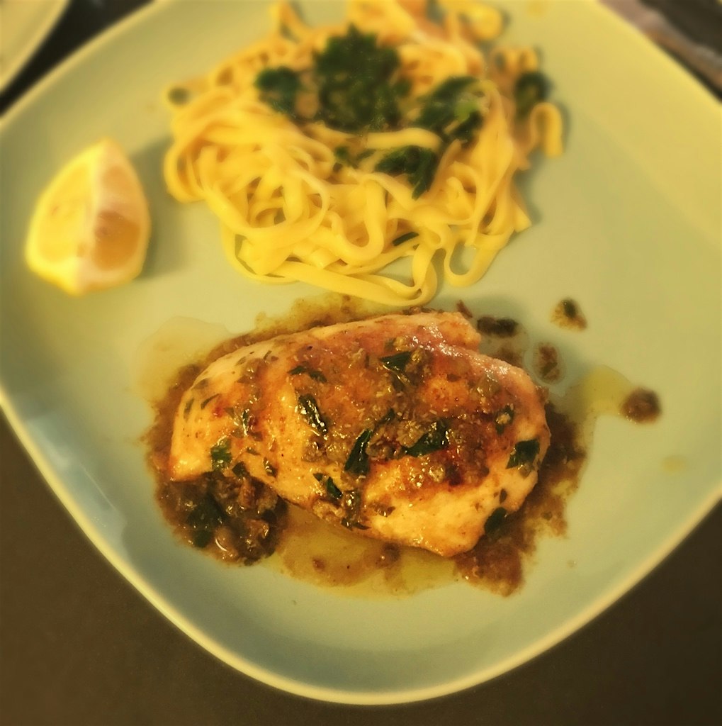 chicken piccata with garlic chive linguini 