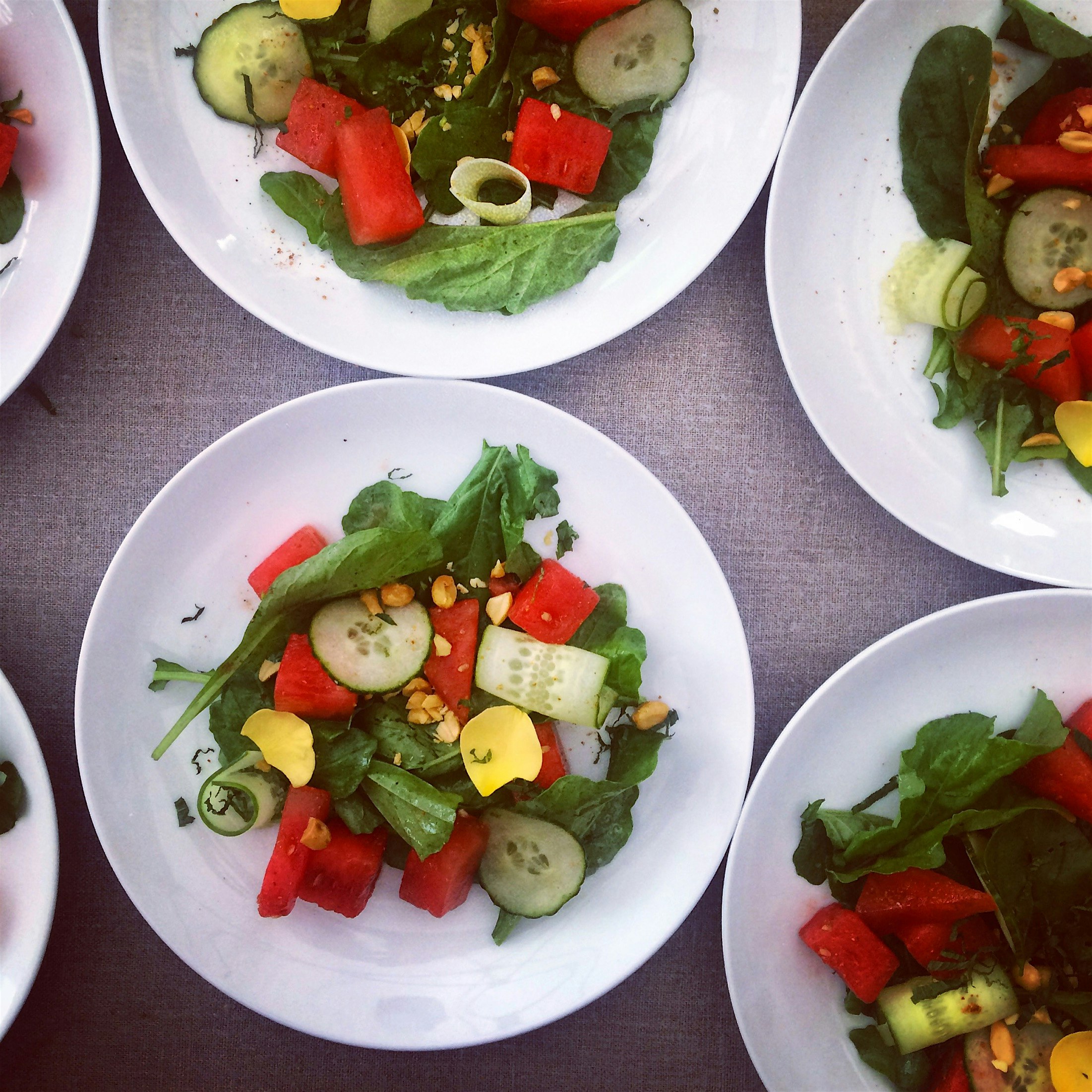 What-a-melon! Crispy fresh salad with cucumber, arugula, chili lemon & chaat masala vinaigrette a...