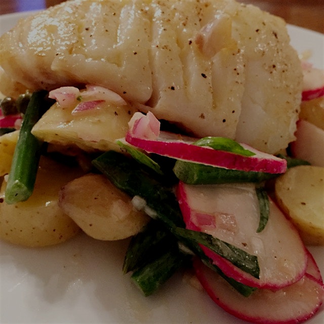 Cod over spring vegetable salad with asparagus, potatoes & radishes in a lemon-shallot-tarragon v...