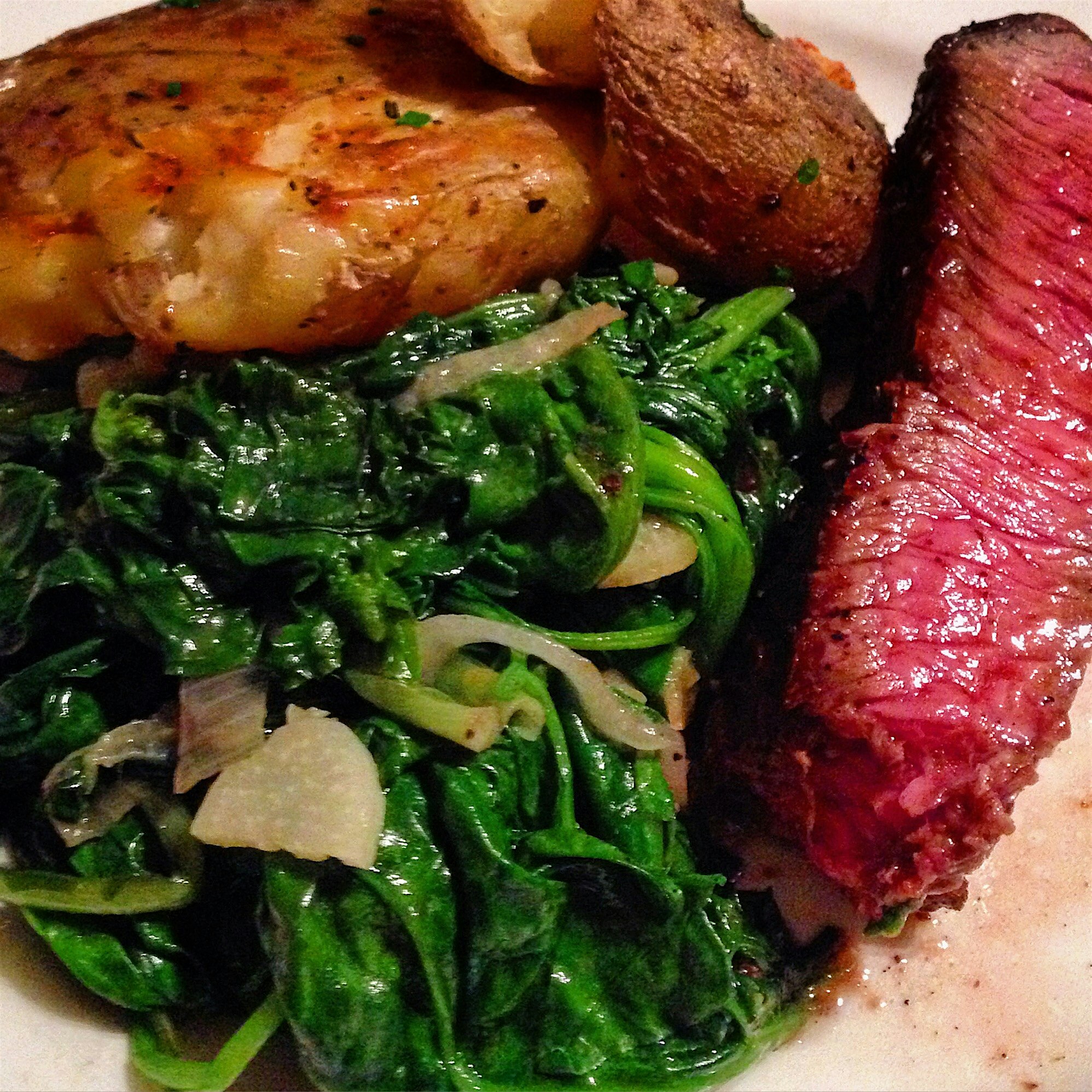 Local beef sirloin and moms spinach. 