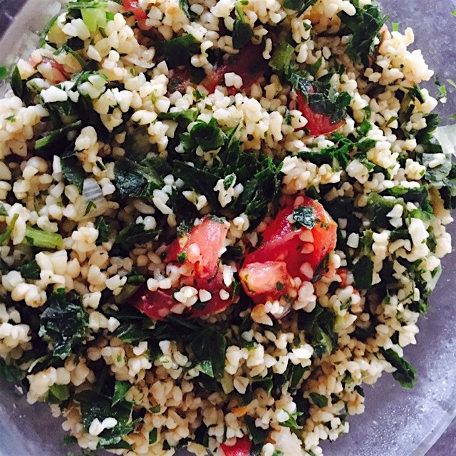 Tabouli with local tomatoes and parsley. Heavy on the bulgar which makes it a great standalone di...