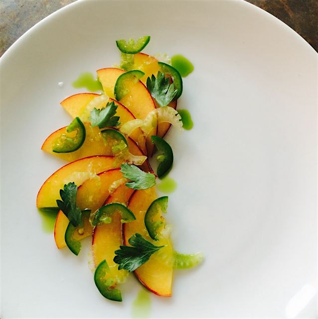 Peach crudo at contrada!! Parsley oil, jalapeño, sherry vinegar