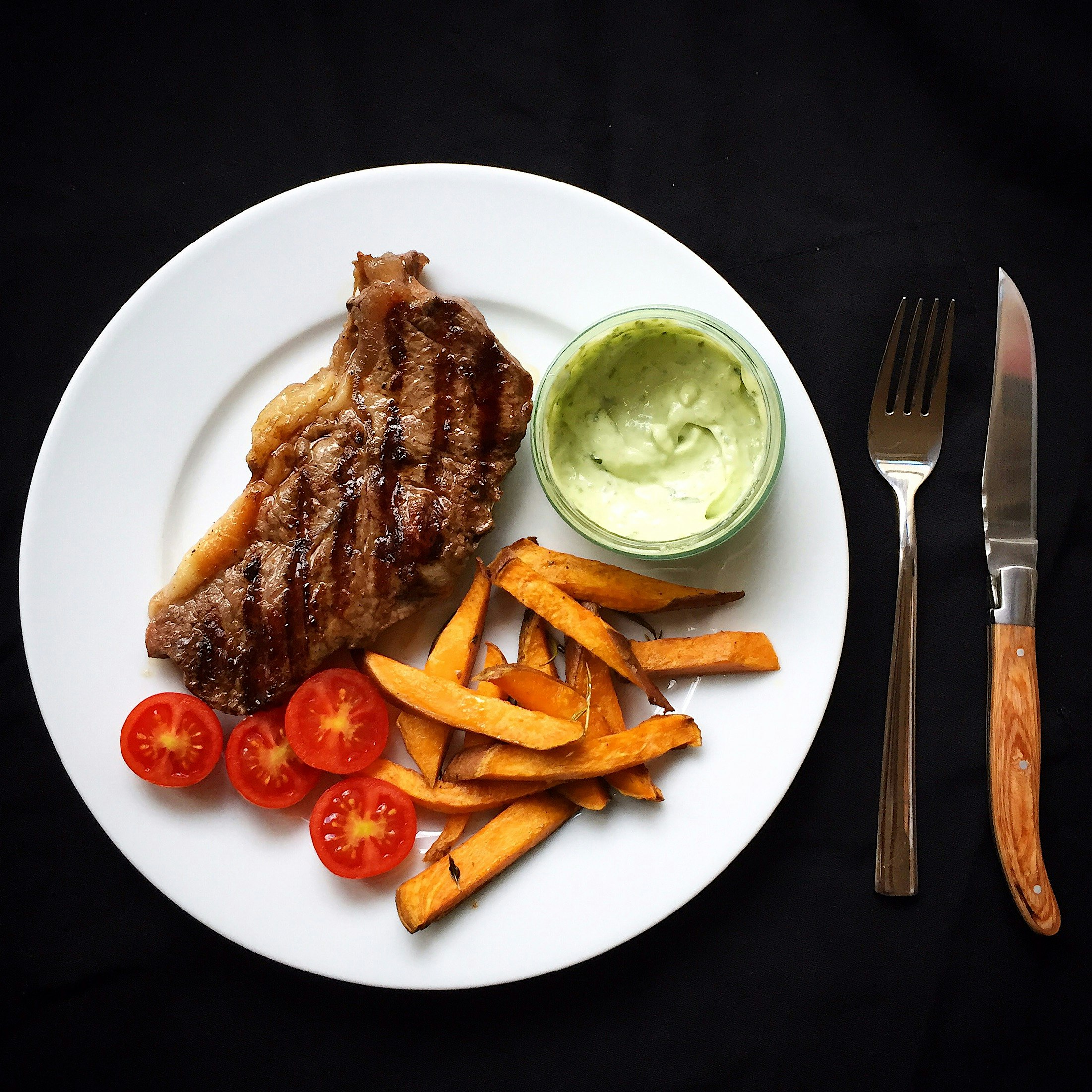 Our dinner tonight: perfectly grilled rump steak served with sweet potato fries and basil mayo! 