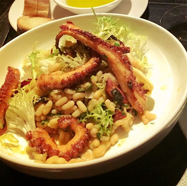 Charred Octopus, frisée, chorizo, and rice beans at Dell'anima, NYC