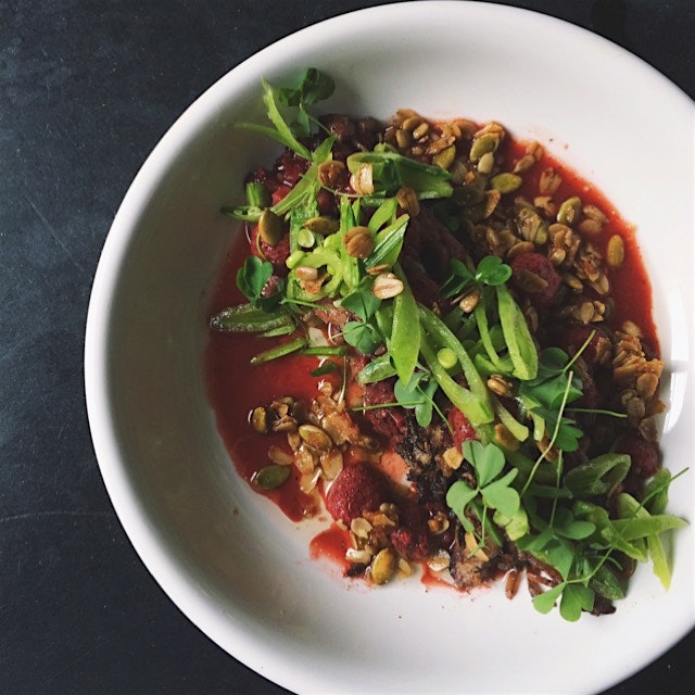 Sumac por belly, strawberry/rhubarb, and sugar snap peas from Grand Army bar.