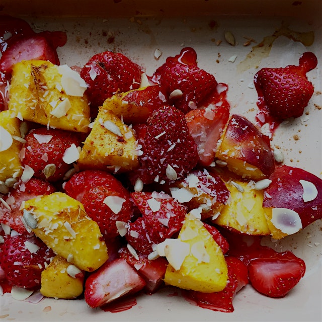 Working on a new recipe: baked strawberry and nectarine with honey, cinnamon, sunflower seeds, sh...
