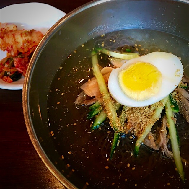 In the summer heat a bowl of Korean Mul Naengmyeon which is a cold noodle soup is very refreshing...